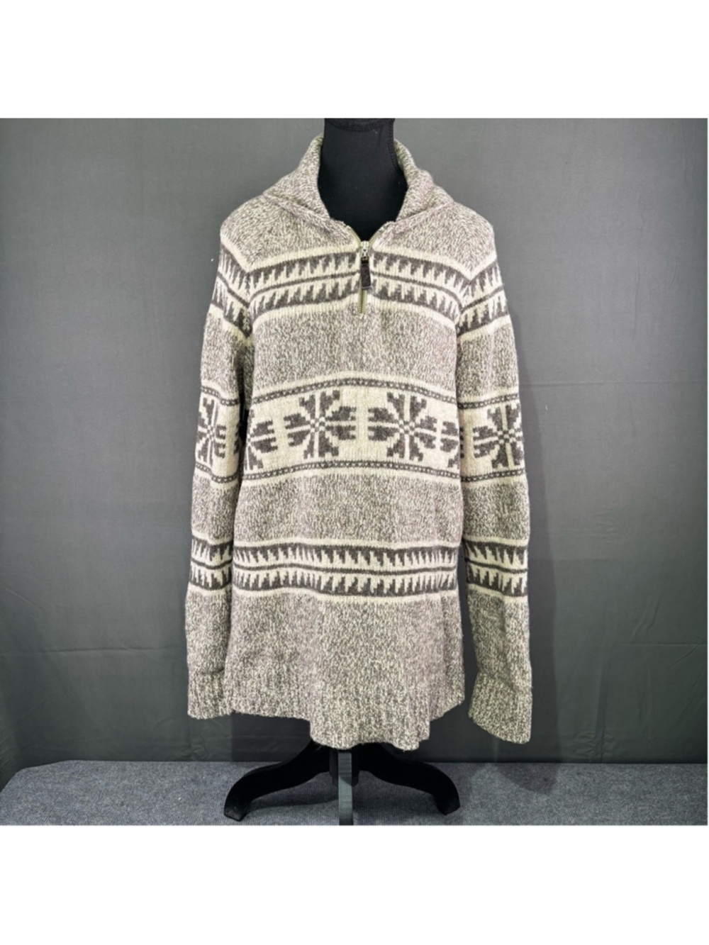 Eddie Bauer Sweater Men's LT Lambswool Knit Cardigan Fair Isle Nordic Cream Gray